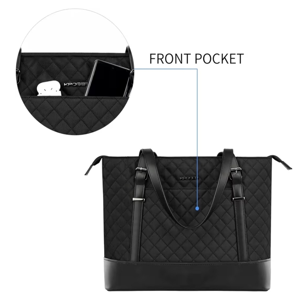 Black Quilted Tote Bag with USB Charging Port - Picture 2 of 7